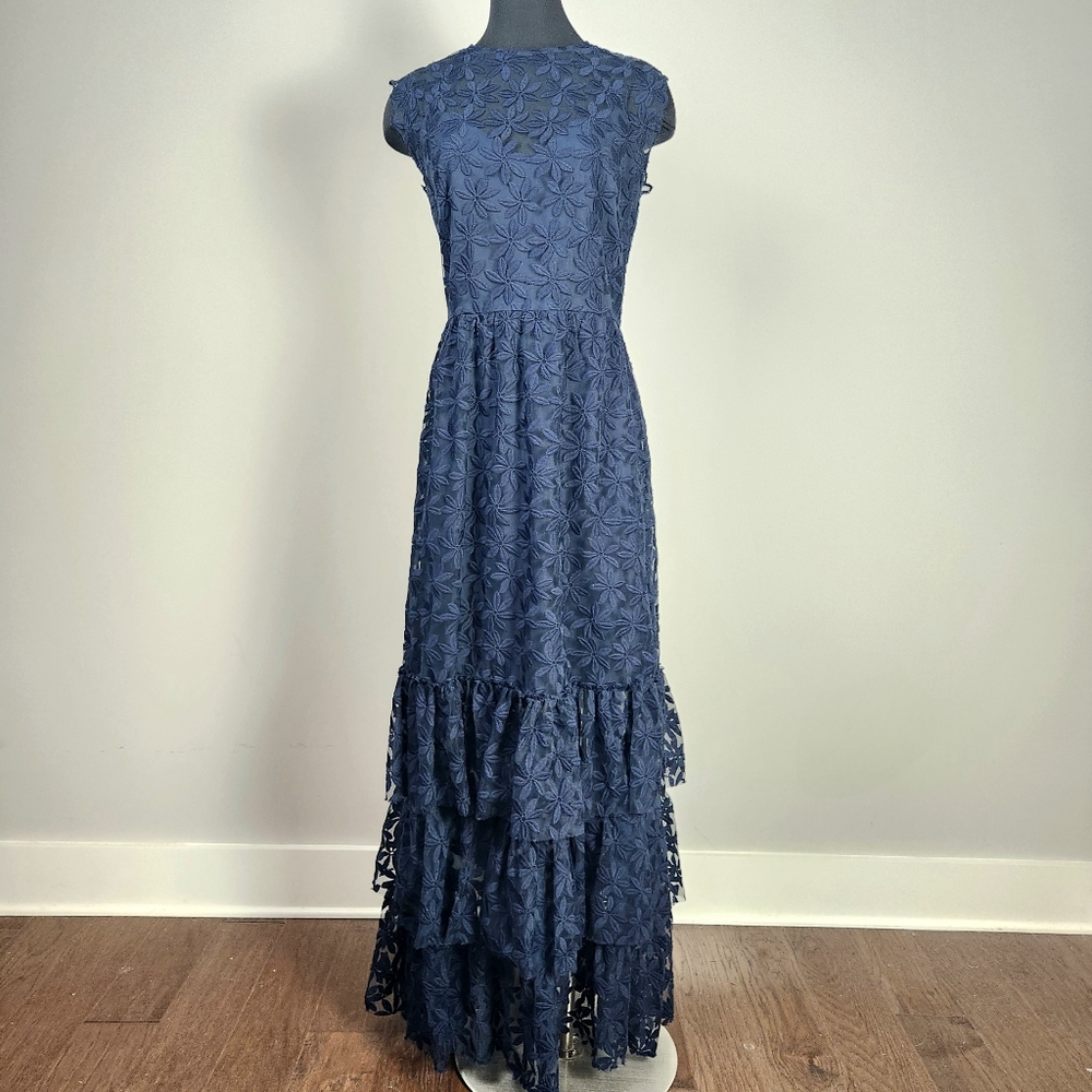 SHOSHANNA MIDNIGHT Fowler blue lace tiered gown